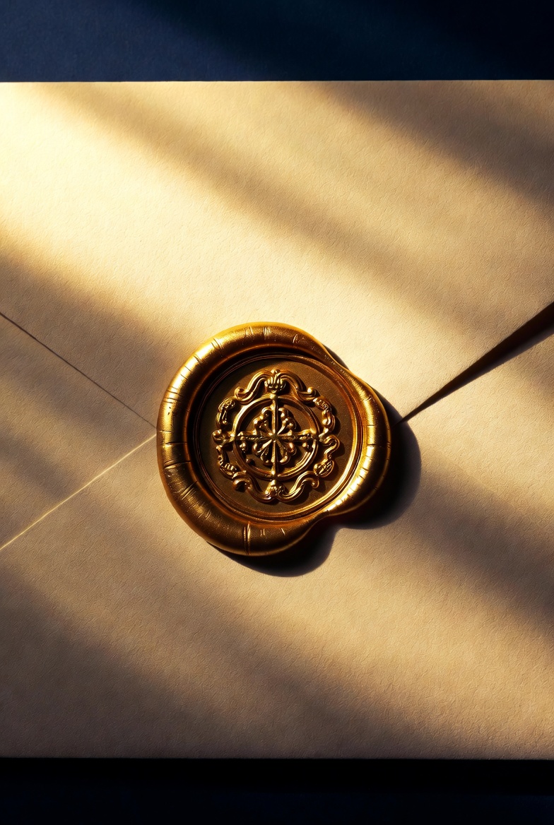 Un cachet de cire doré sur enveloppe navy — le secret des correspondances, préservé sous scellé