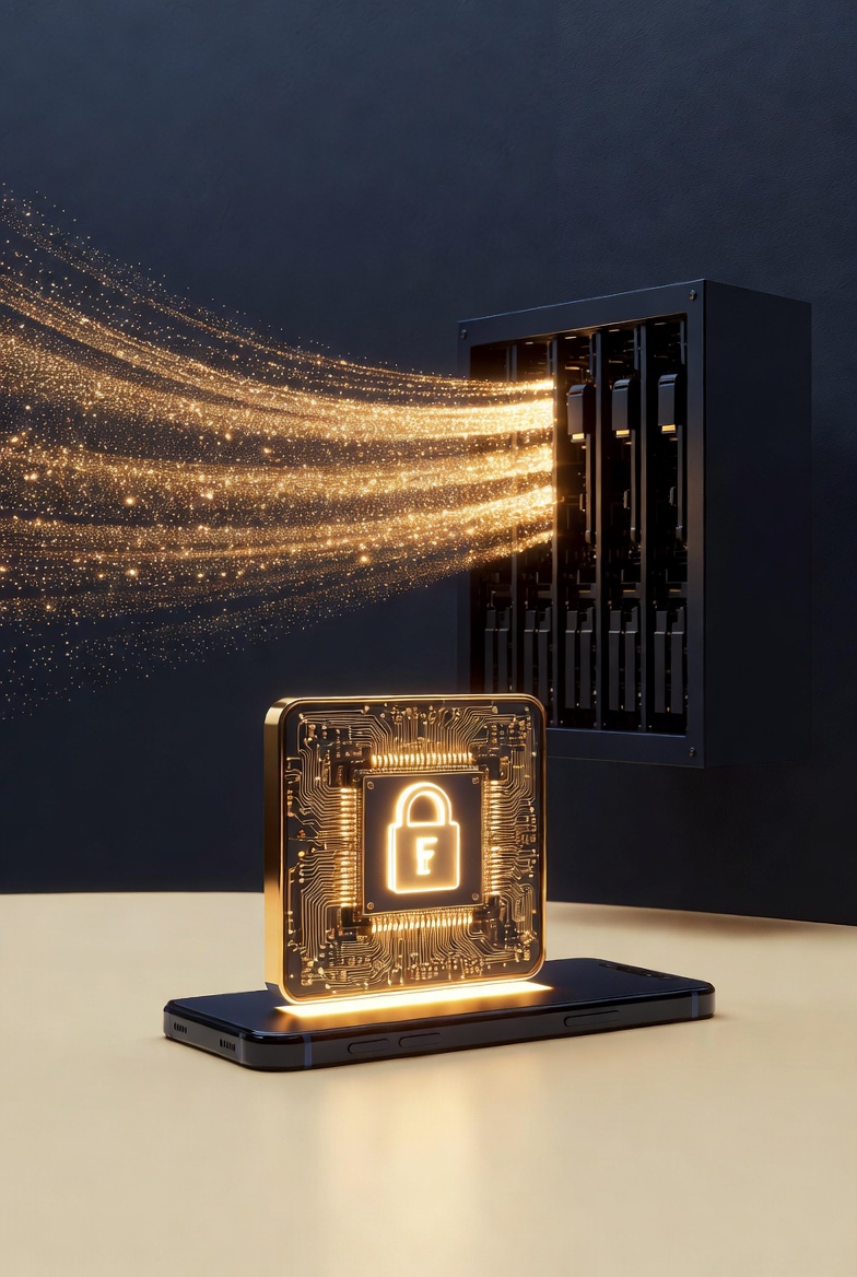 Une puce mobile illuminée d'or, sceau Φ en cadenas — l'enclave silicium hermétique aux intelligences artificielles