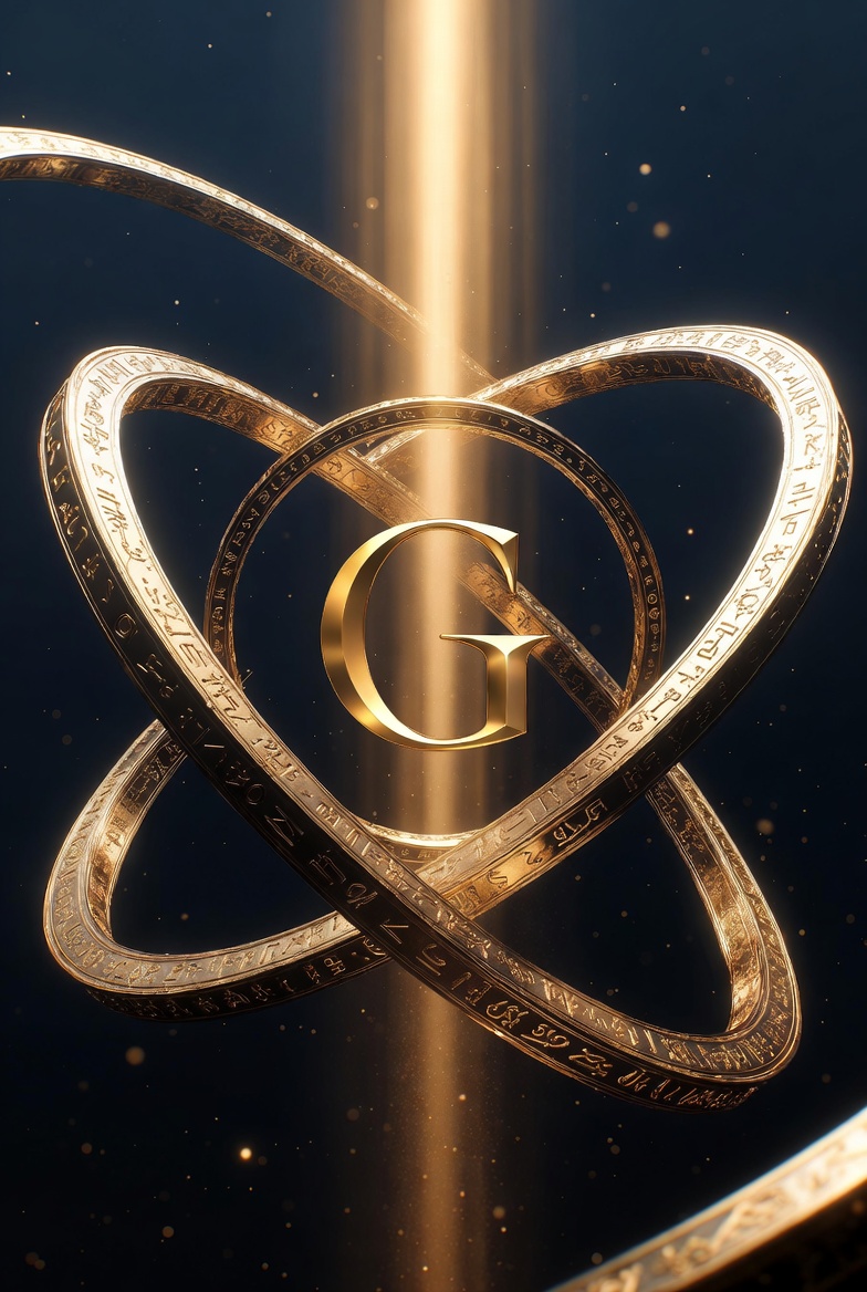 Quatre anneaux dorés gravés de glyphes cryptographiques, entrecroisés autour de la lettre G, faisceau vertical de lumière — la fusion mathématique qui scelle