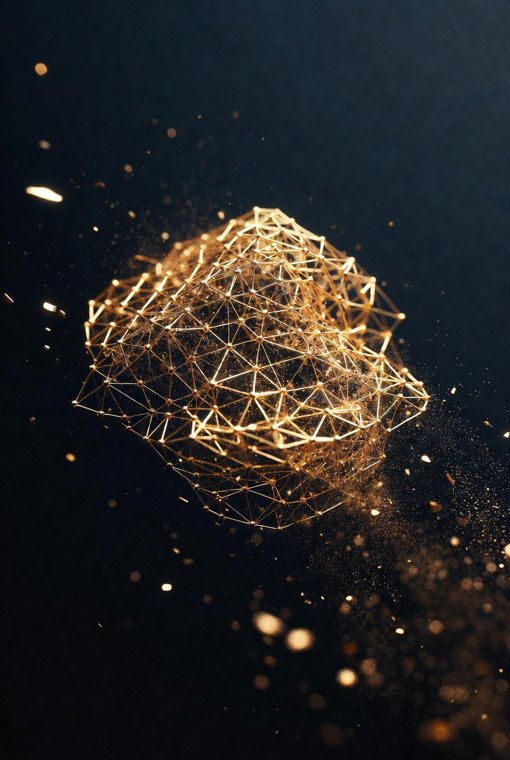 Un réseau euclidien doré, dense et intact, tandis que la poussière se disperse autour — la cryptographie à base de réseaux de ML-DSA et ML-KEM, qui résiste au quantique