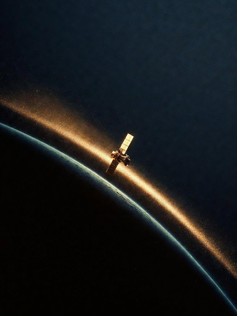 Un satellite doré en orbite silencieuse au-dessus du limbe terrestre — la correspondance souveraine, hors d'atteinte de toute juridiction étrangère